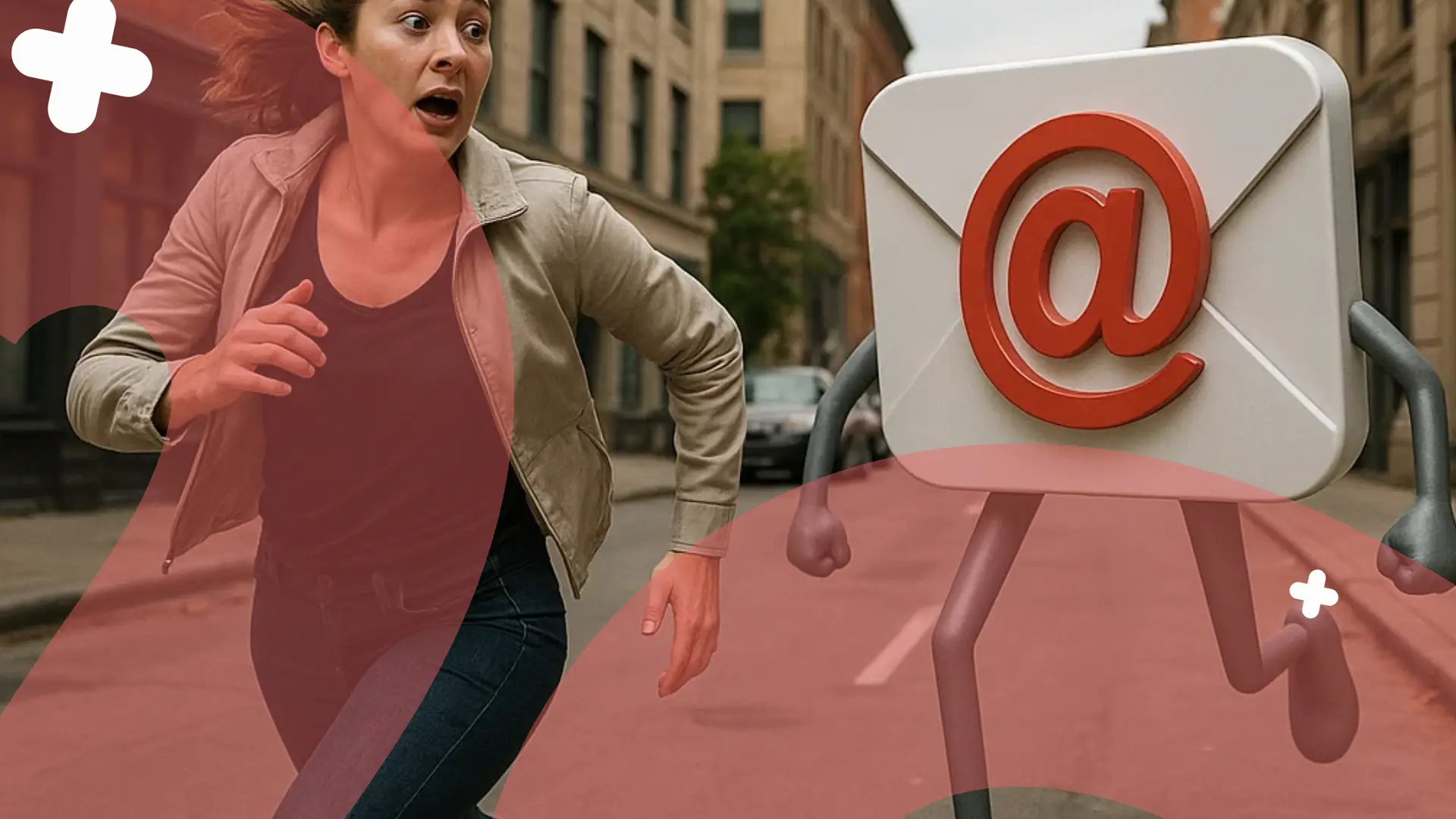 Email icon chasing a woman down the street.
